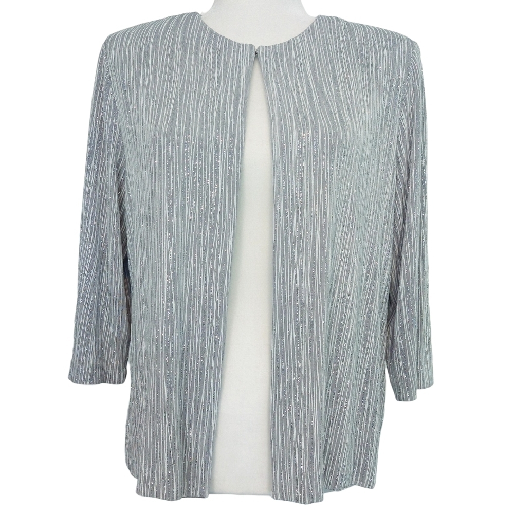 Alex Evenings Gray Silver Stripe Shimmering Lightweight 3/4 Sleeve Jacket